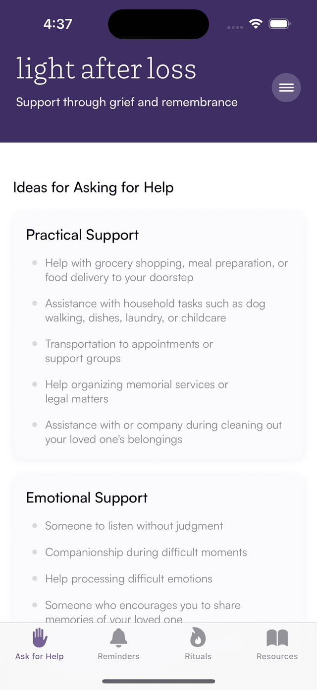 Light After Loss - Ask for Help screen showing practical and emotional support options