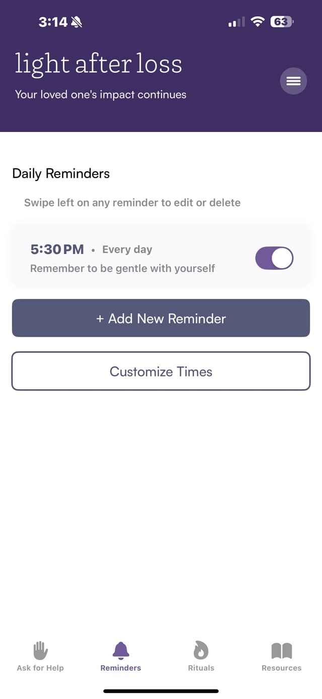 Light After Loss - Daily Reminders screen with gentle notifications and self-care prompts