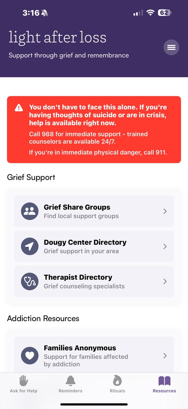 Light After Loss - Resources screen with grief support and curated resources