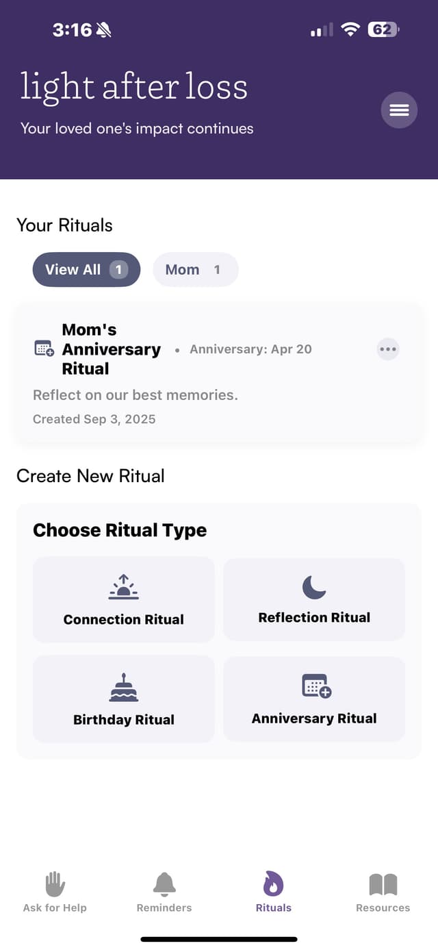Light After Loss - Rituals screen for creating meaningful remembrance ceremonies
