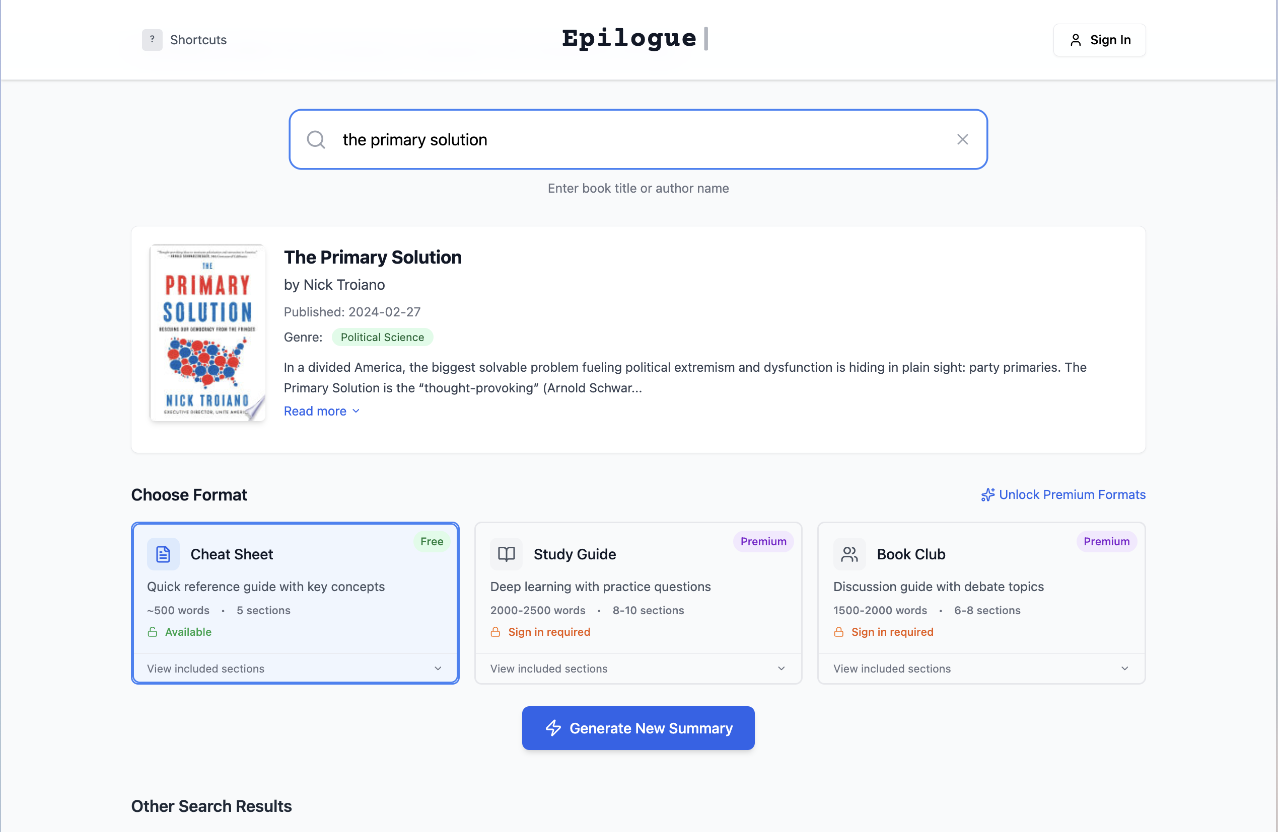 Epilogue - Book search interface with format selection